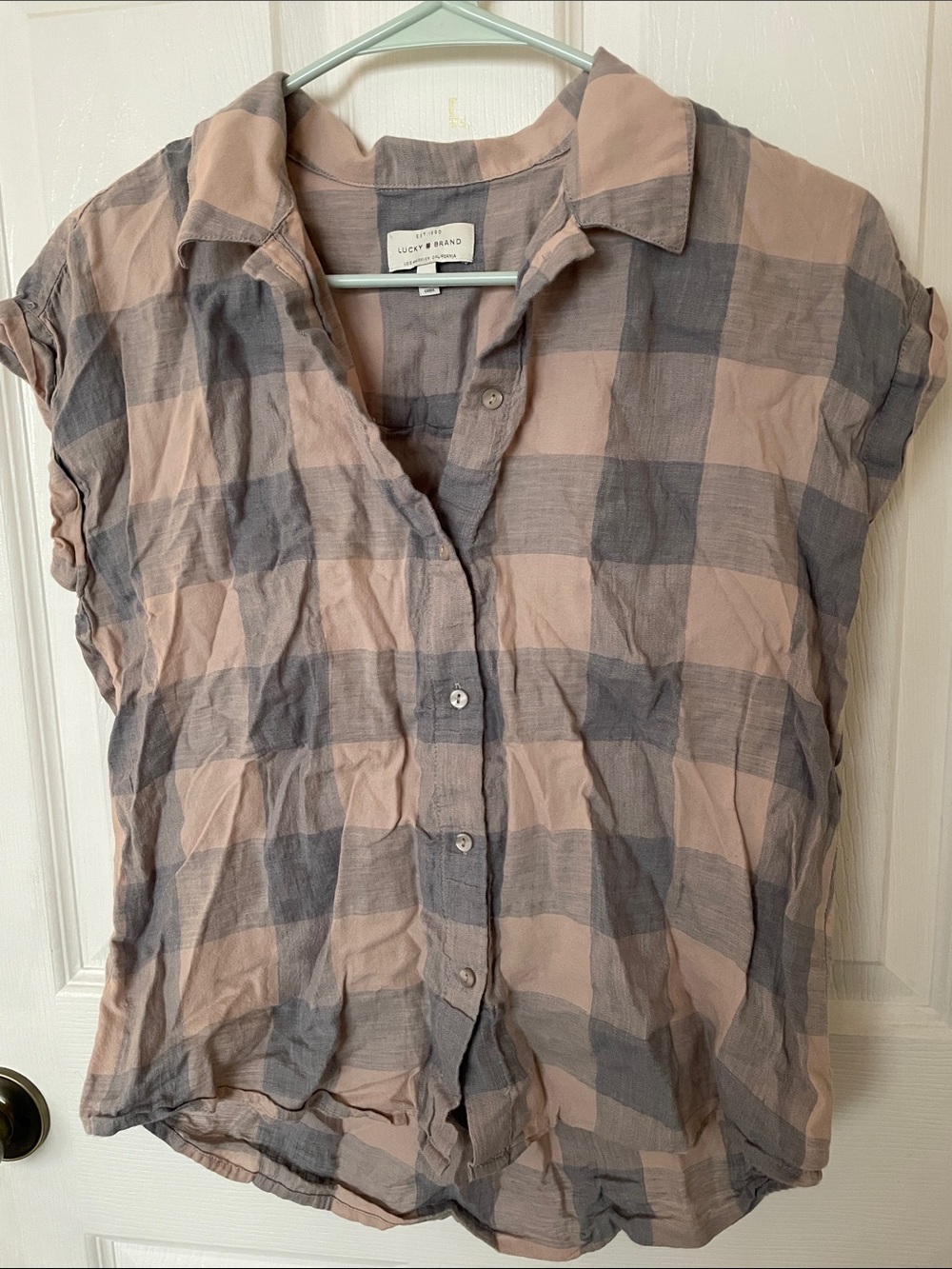 Lucky Brand Blush Pink and Gray Plaid Button-Down Top